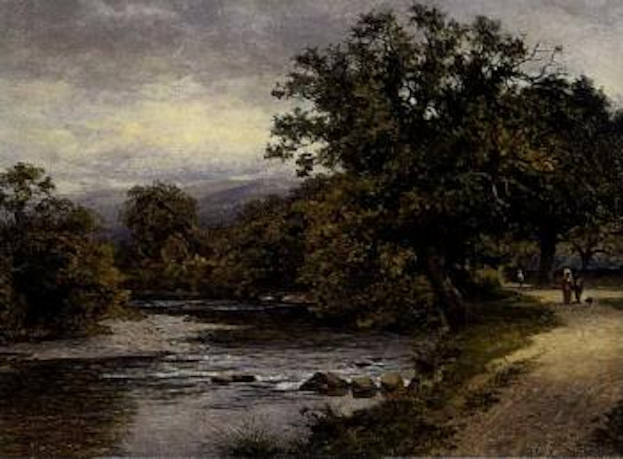 Figures on a riverside path by Benjamin Williams Leader