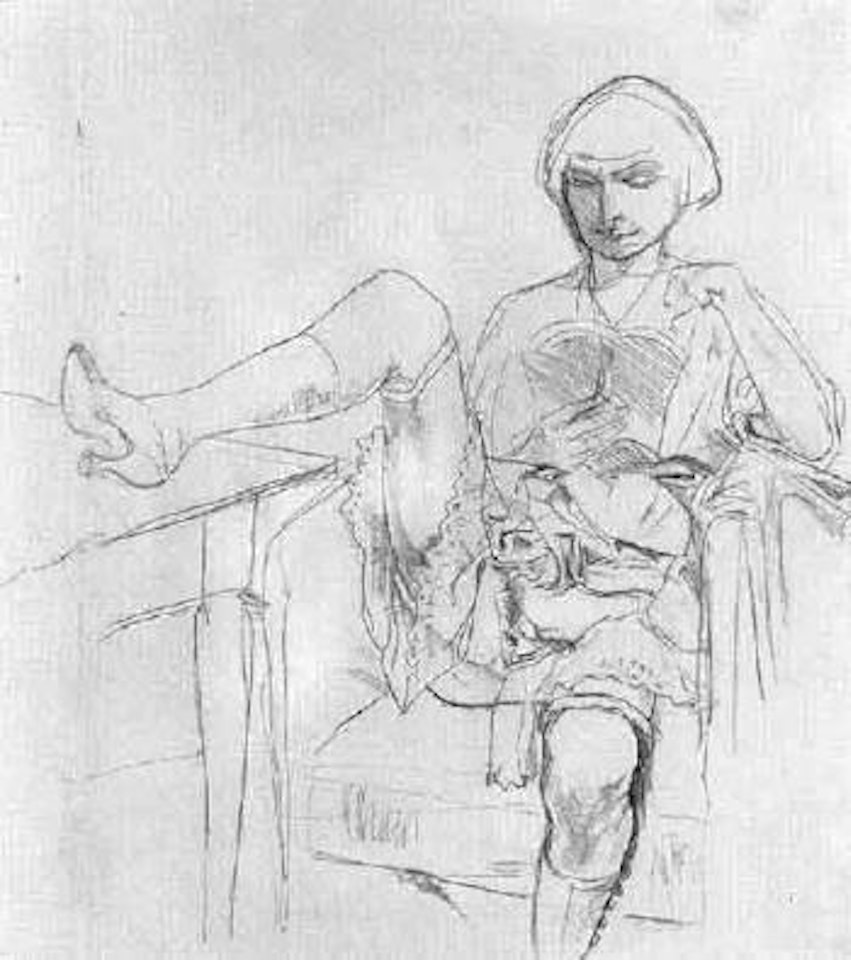 Seated female in underwear one leg on table by Rudolf Schlichter