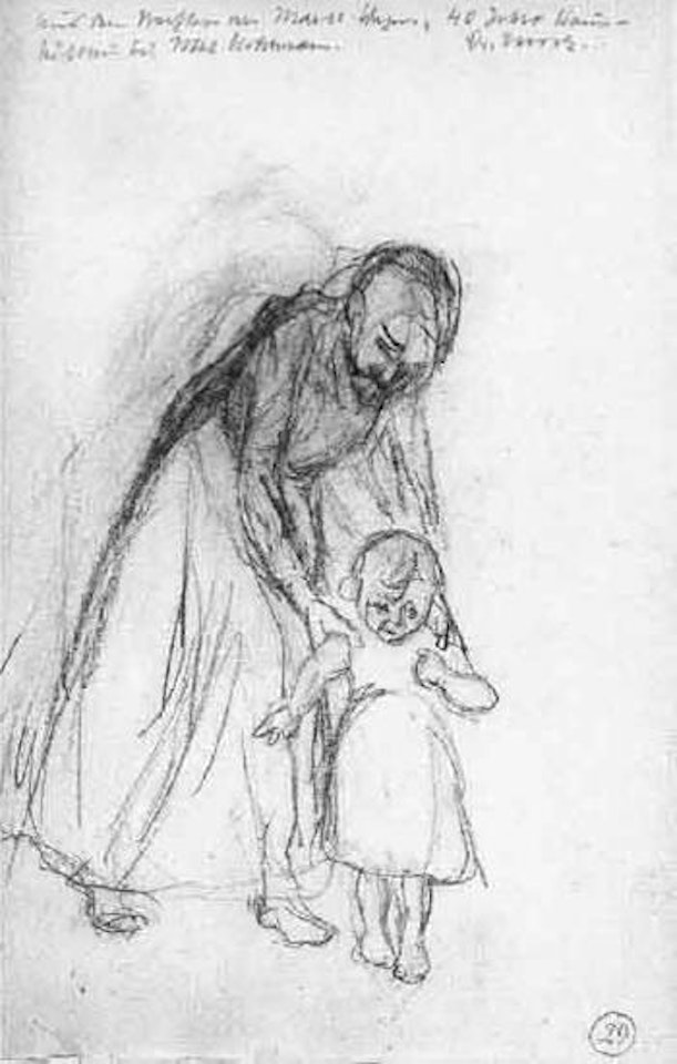 Grandchild with nanny. Seated gentleman with hat in hand by Max Liebermann