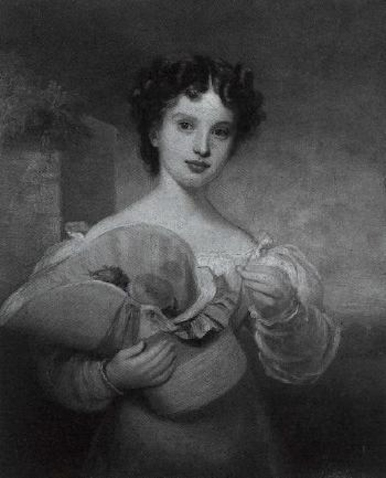 Portrait of young girl in white dress holding straw bonnet by George Chinnery