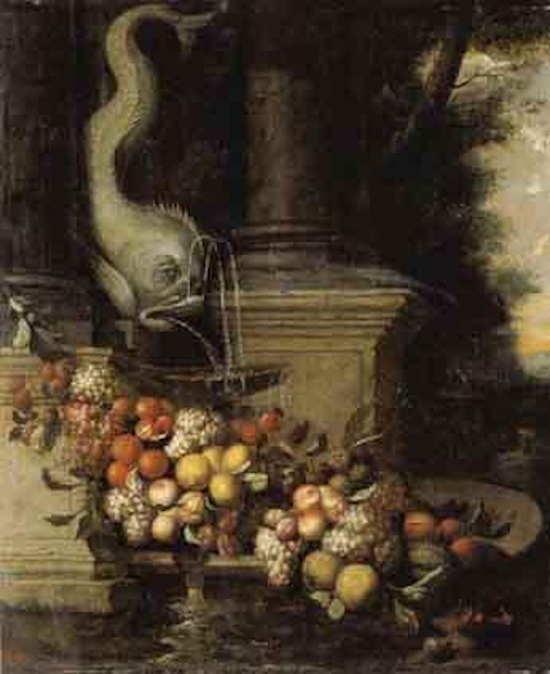 Still life with fruit near fish shaped fountain by Jan Pauwel Gillemans