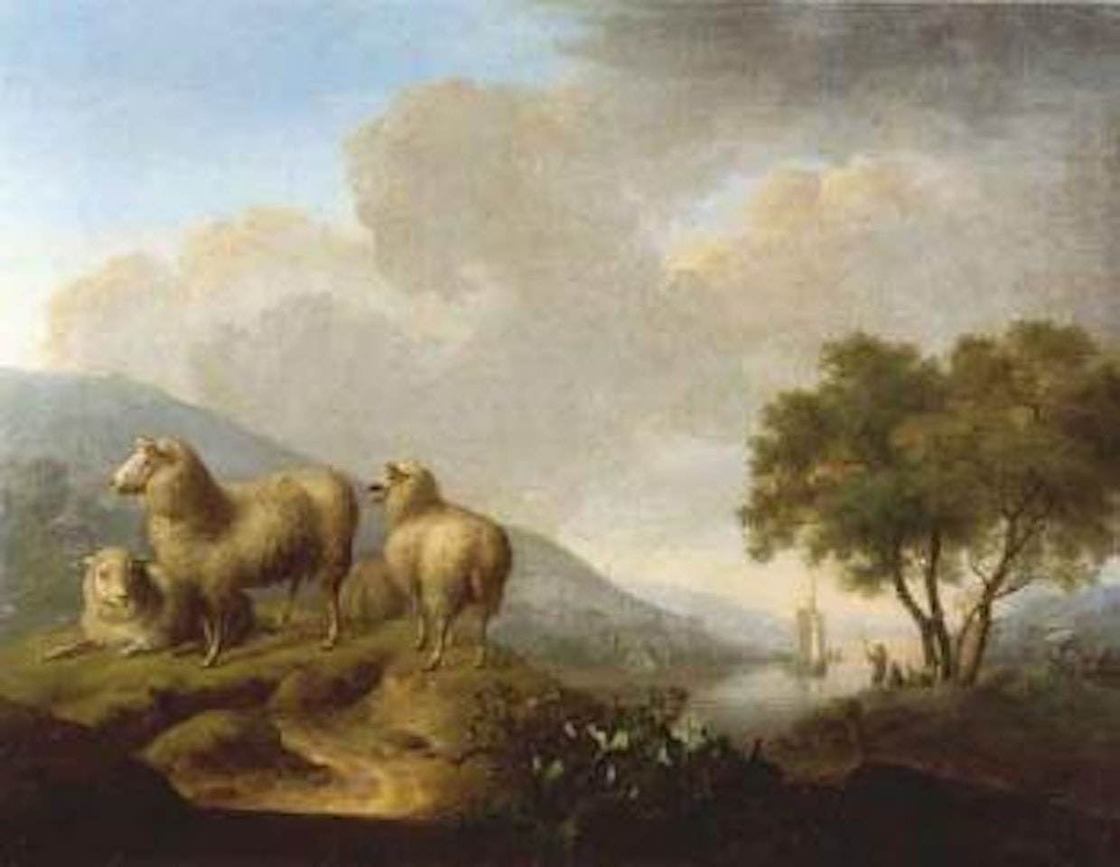 Sheep on hill with river in background by Eugène Joseph Verboeckhoven