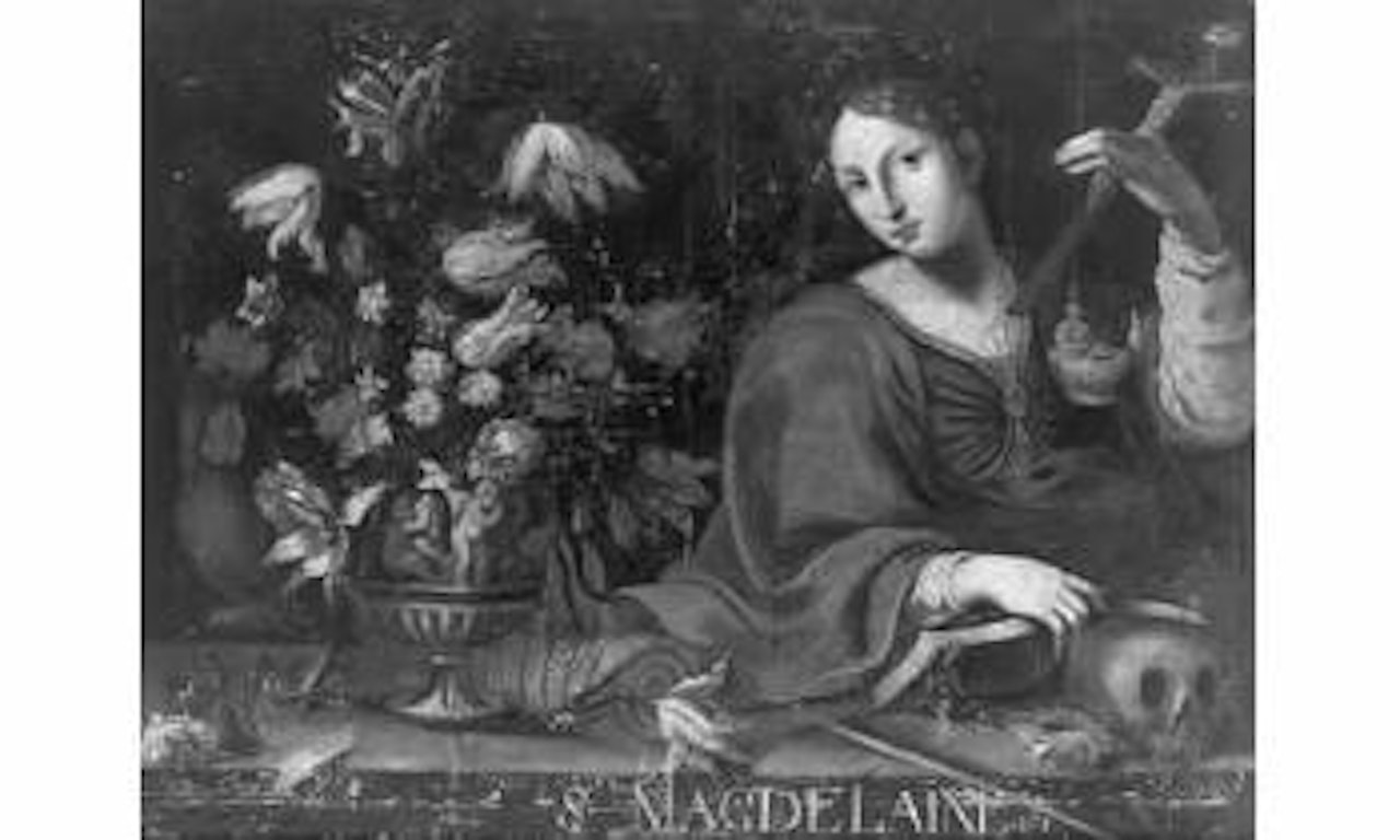 Sainte Madeleine pres d'un bouquet de fleurs by Roman School