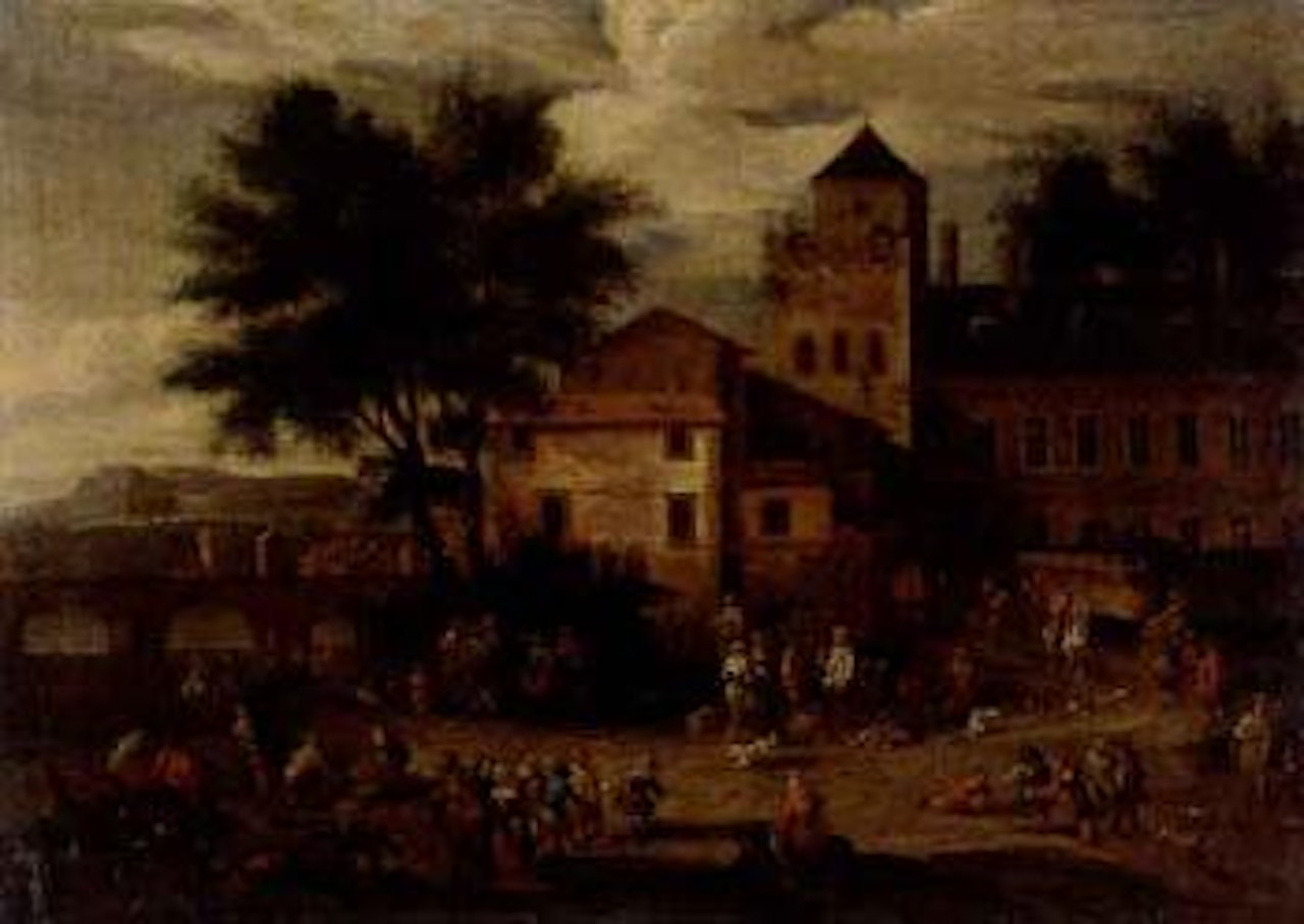 Market scene outside gates of town by Adriaen Frans Boudewyns by Pieter Bout