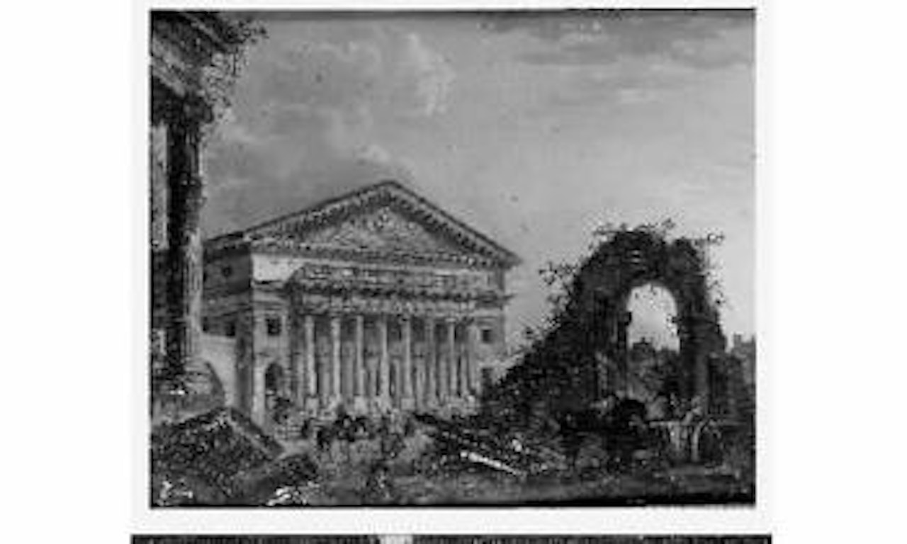 Paysage imaginaire de ruines avec un temple antique by Pierre Antoine Demachy