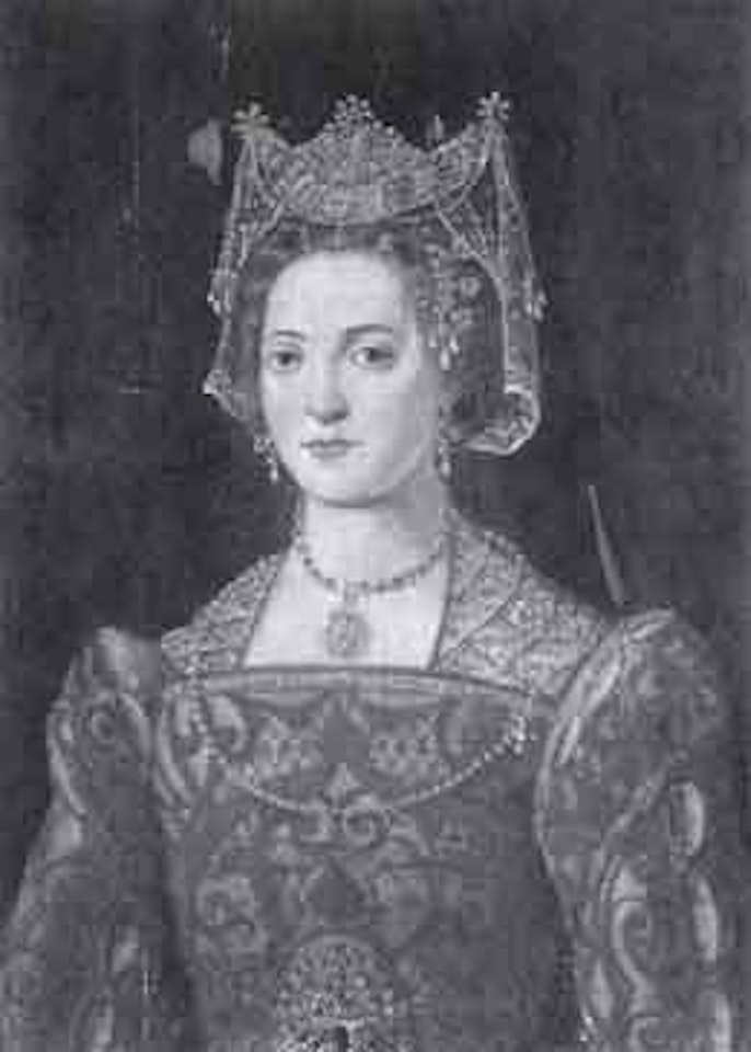 Portrait of lady wearing elegant jeweled red gold crown by Spanish School