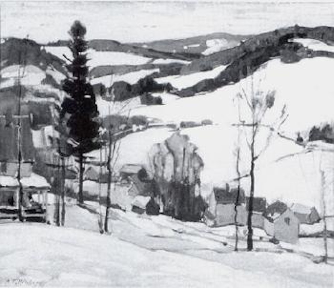 Village in winter landscape by Aldro Thompson Hibbard