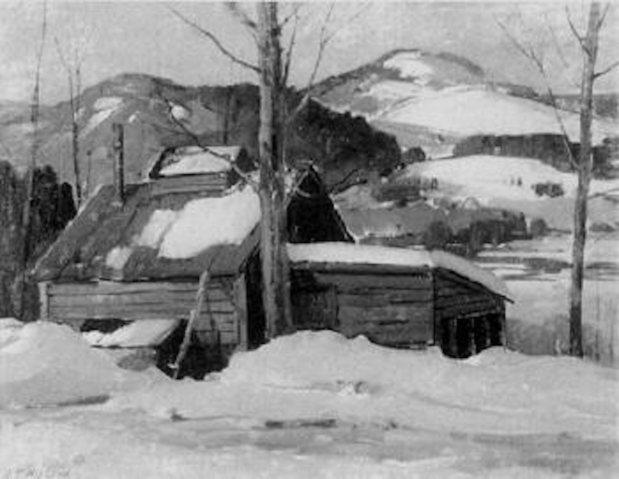 Cabin in winter landscape by Aldro Thompson Hibbard