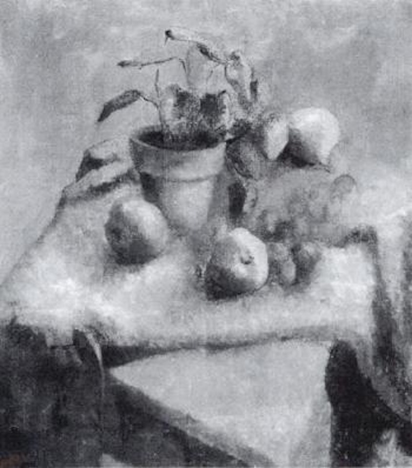 Table top still life with fruit and plant by Robert Brackman
