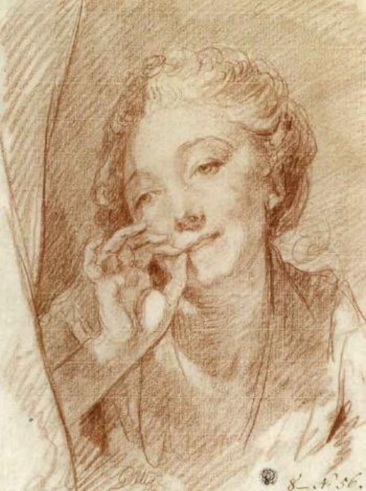 Young woman appearing behind curtain, her hand at her mouth by Jean-Baptiste Greuze