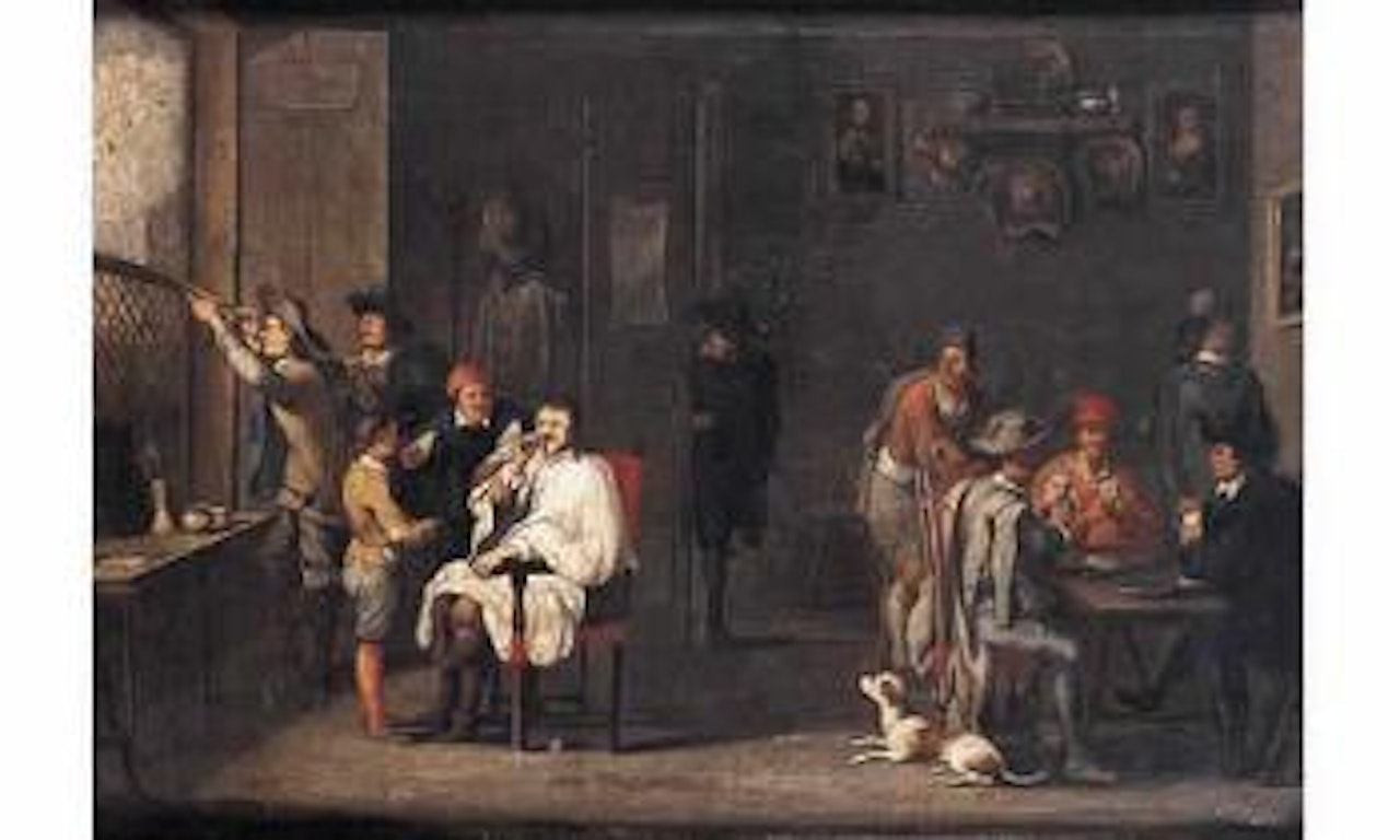 Interieur d'un barbier avec un astronome by Cornelis de Wael