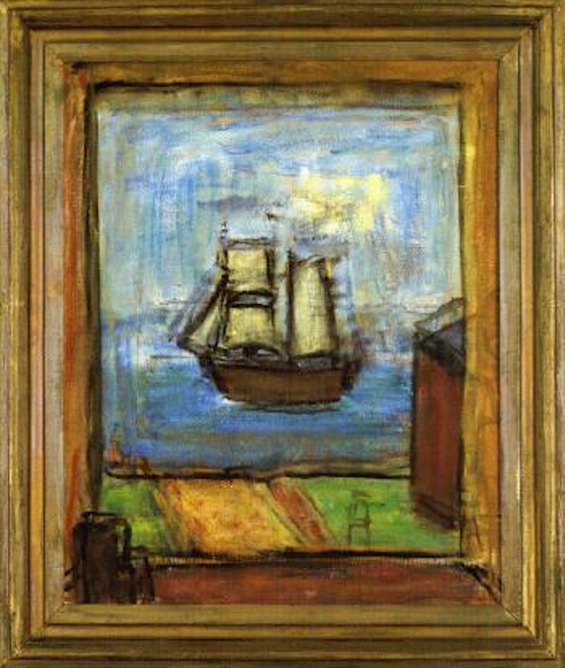 Ship seen through verandah door by Carl Kylberg