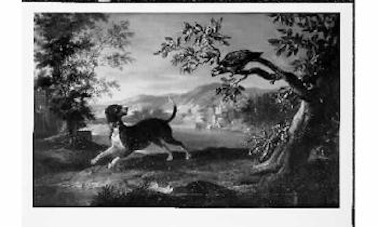 Chien et perroquet dans un paysage de riviere by Jean-Baptiste Oudry