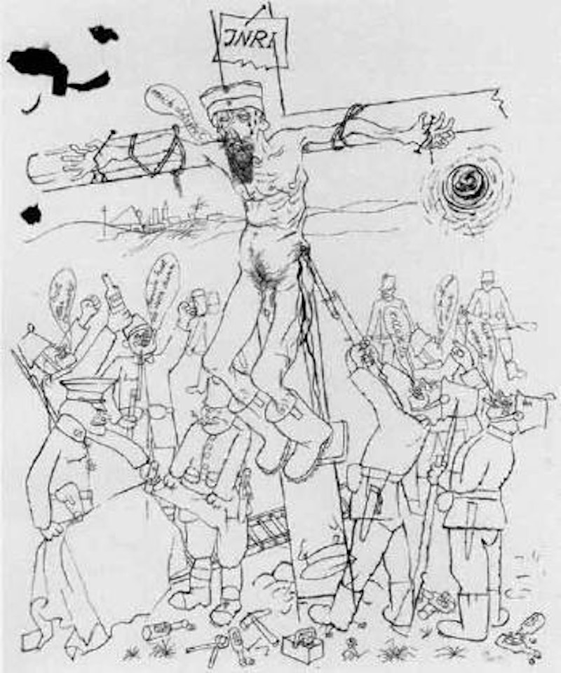 Christ at Cross surrounded by soldiers. Two men carrying body down stairs by George Grosz