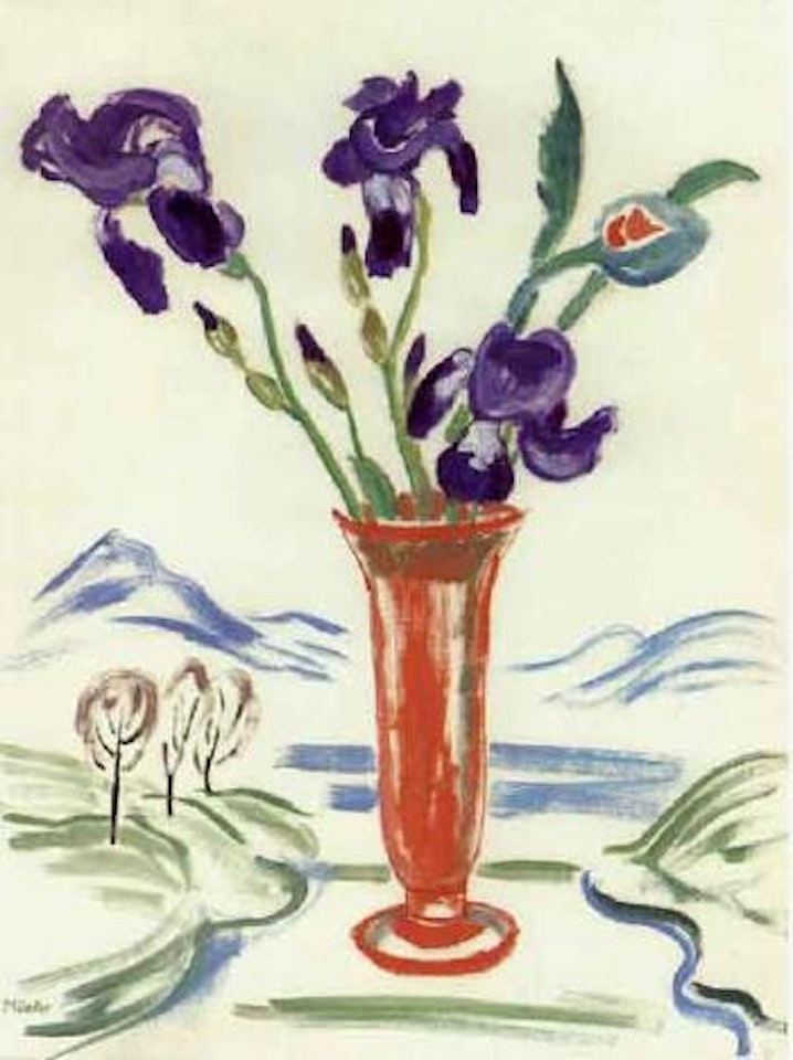 Still life of lilies and tulips in red vase, mountain landscape beyond by Gabriele Münter