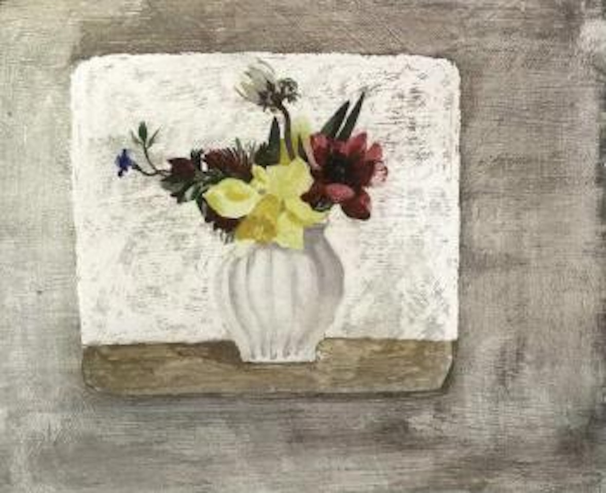 Spring flowers in white jar by Christopher Wood