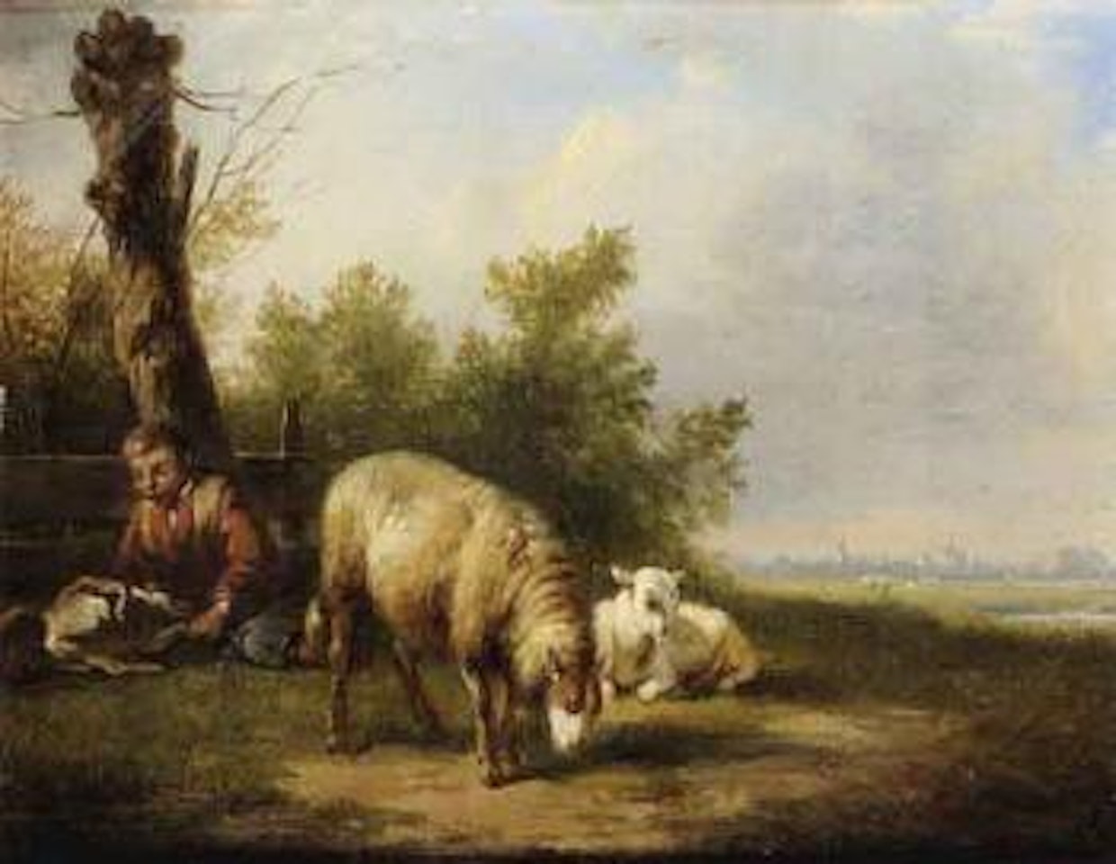 Sheep grazing with shepherd boy and dog by Eugène Joseph Verboeckhoven