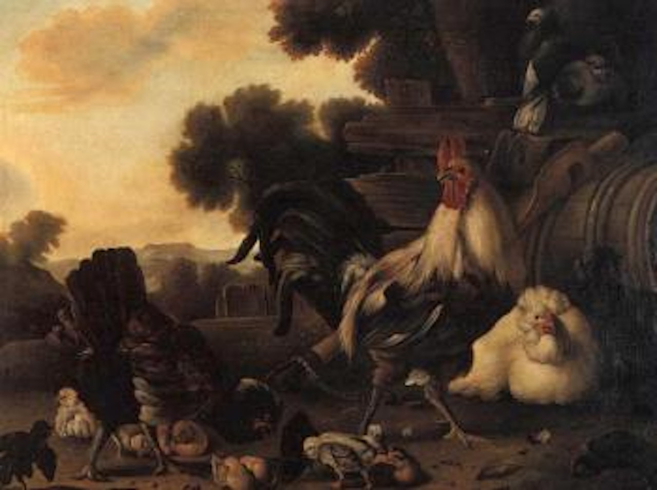 Poultry in farmyard by Melchior de Hondecoeter