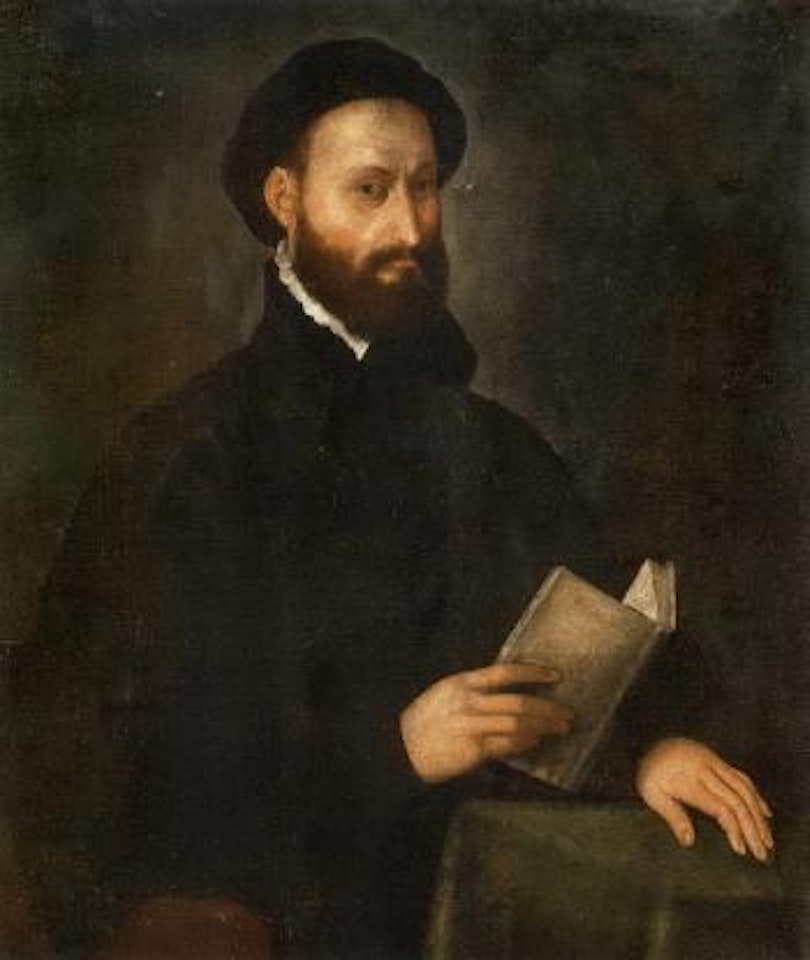 Portrait of gentleman in black coat and cap holding open book by Venetian School