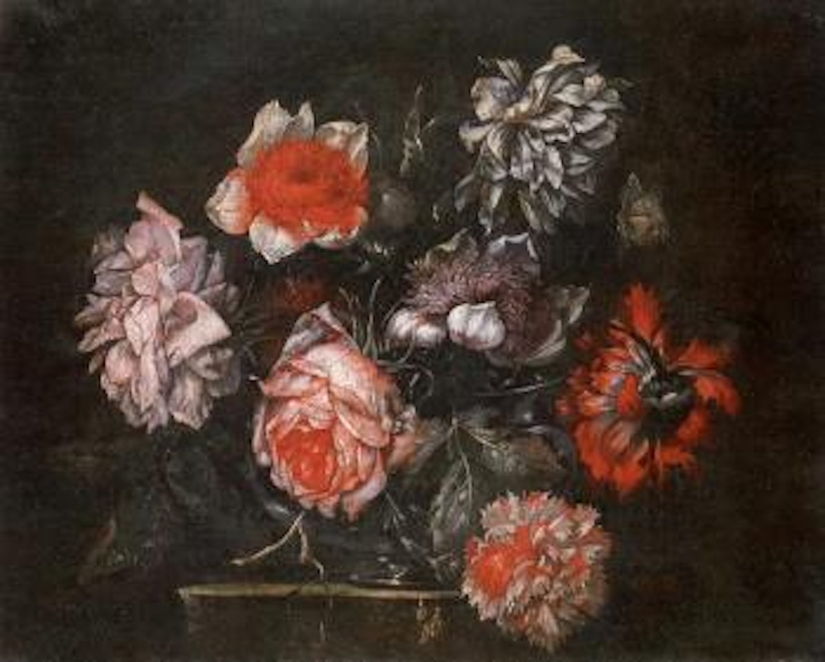 Roses, peonies and passion flower in glass vase on stone ledge with butterfly by Jean Baptiste Monnoyer