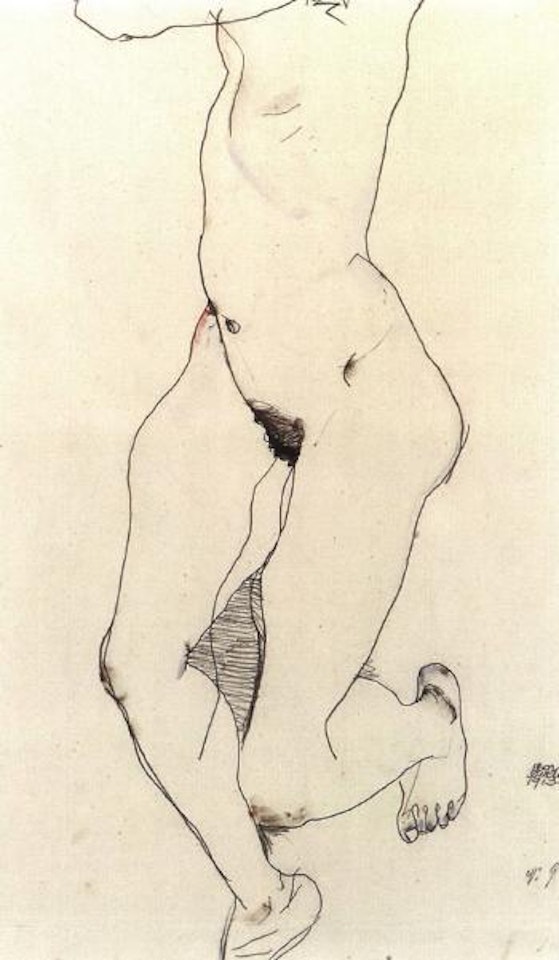 Running woman. Prostrate female nude by Egon Schiele