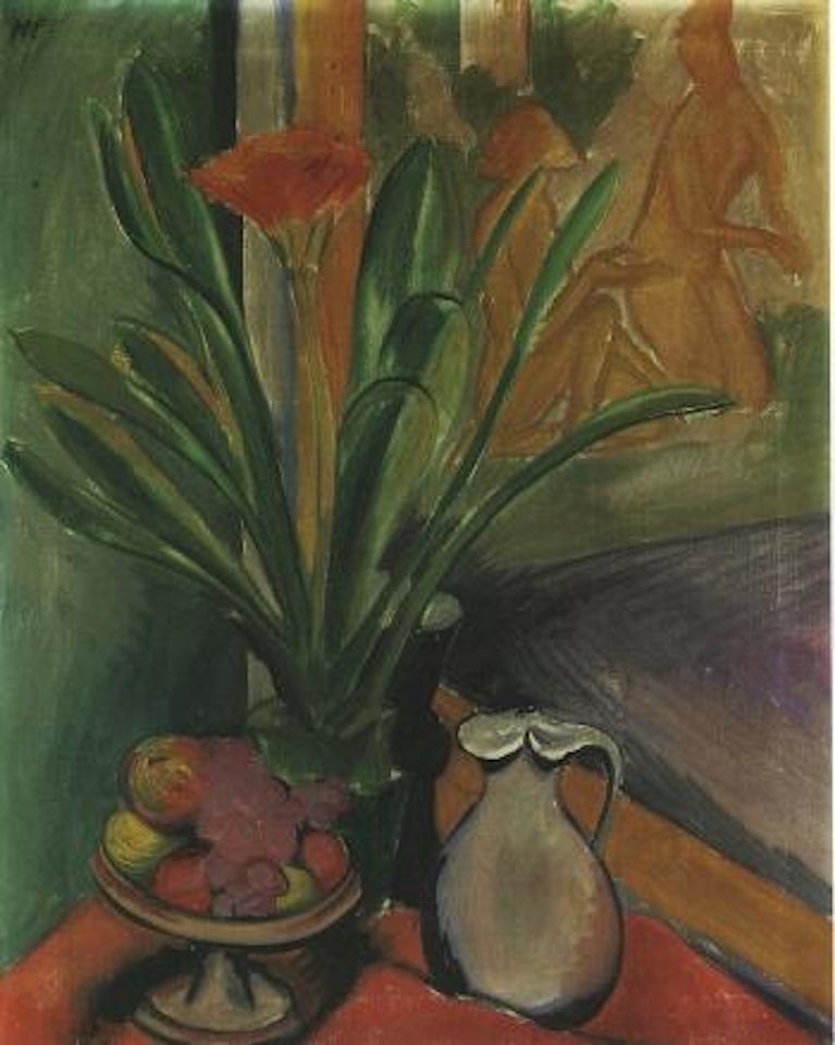 Blumenstilleben:Clivia, Obst und Krug - Flower still life with clivia, fruit and jug by Max Pechstein