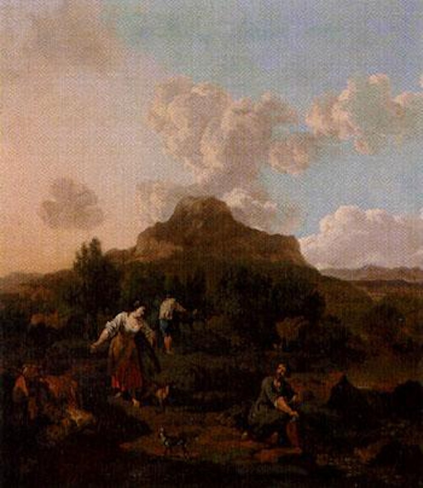 Girl and boy in landscape by Dutch School