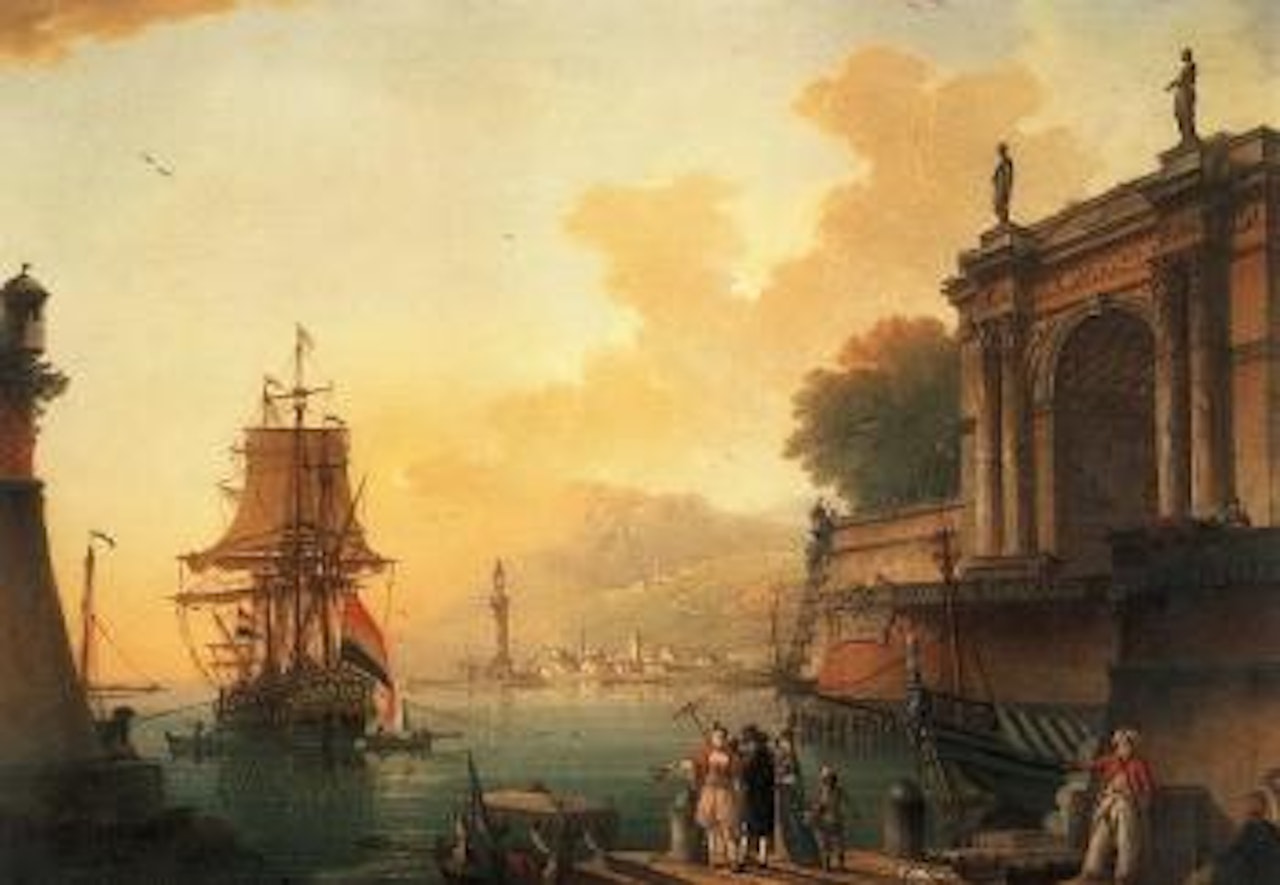 Mediterranean port with elegant figures on quay by Charles François Grenier de Lacroix de Marseille