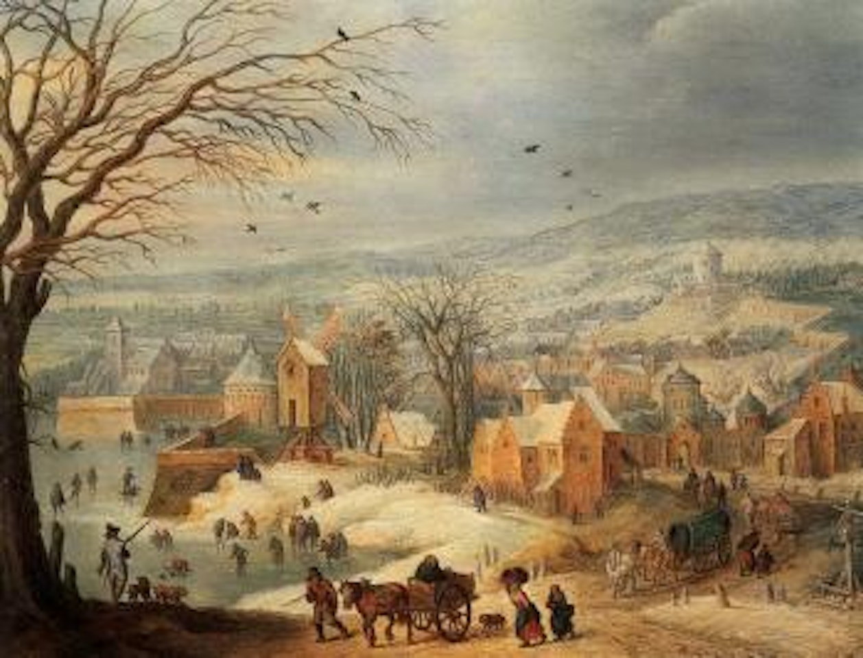 Extensive river landscape with town and figures by Karel Beschey