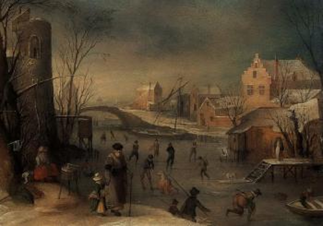 Winter landscape with skaters on frozen canal by Sebastian Vrancx
