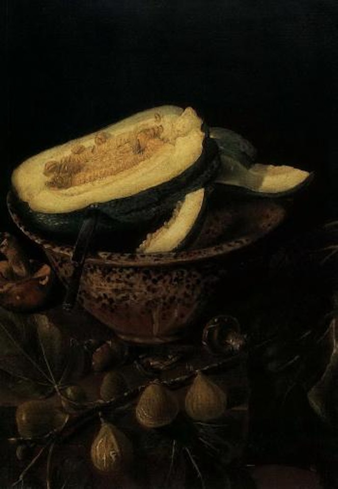 Still life of melon in bowl with figs and mushrooms by Spanish School