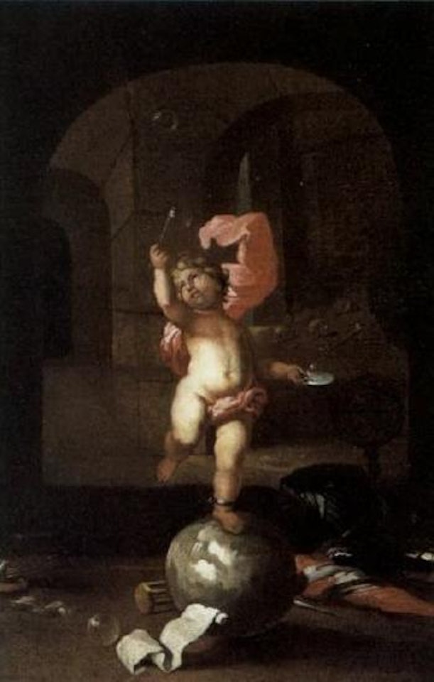 Putto on globe and blowing soap bubbles, Vanitas symbol by Nicolaes Maes