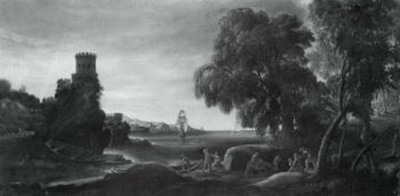 Coastal landscape with three-master, castle and figures by German School