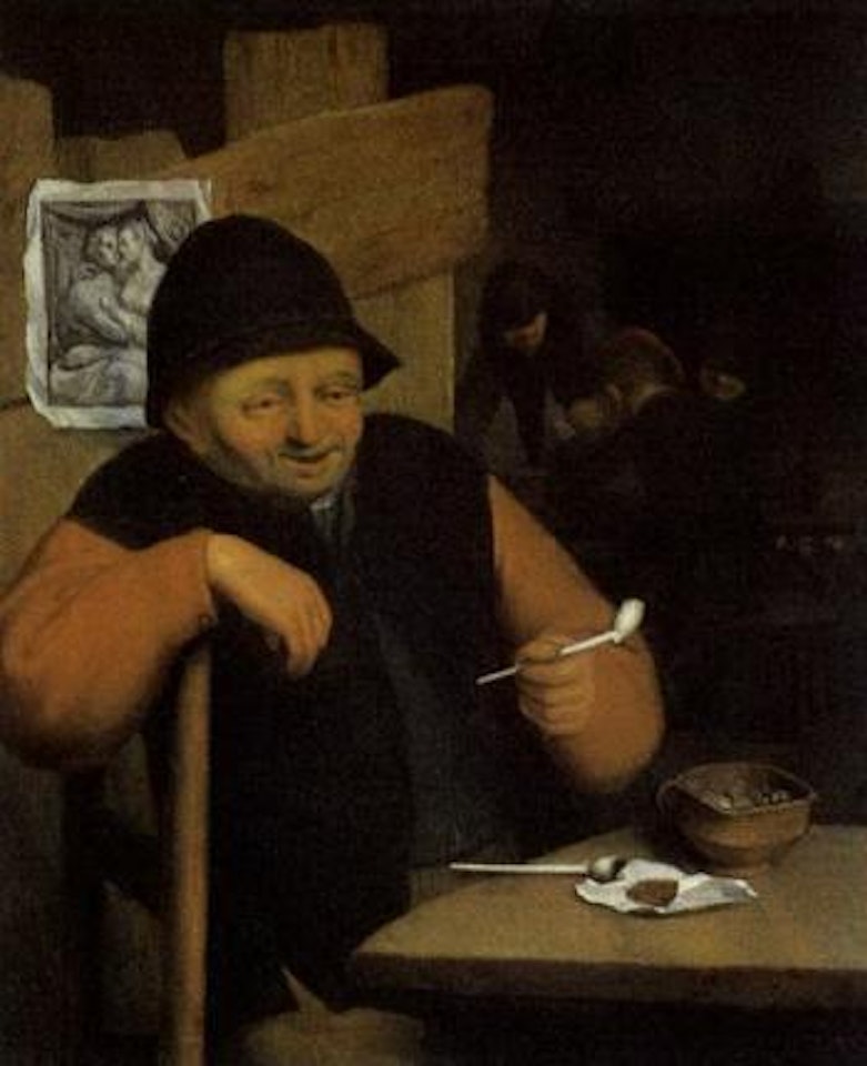 Peasant smoking in tavern, engraving after Backer on wall by Adriaen van Ostade