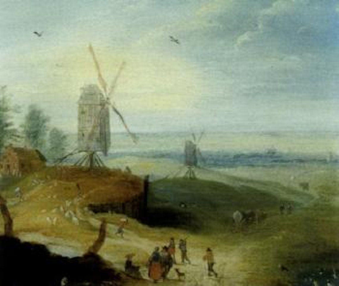 Flemish landscape with windmills and travellers by Jan Brueghel the Younger