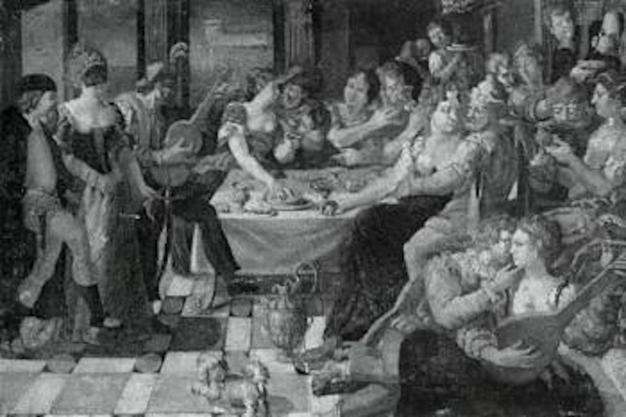 Elegant party dining, musicians playing at table by Venetian School