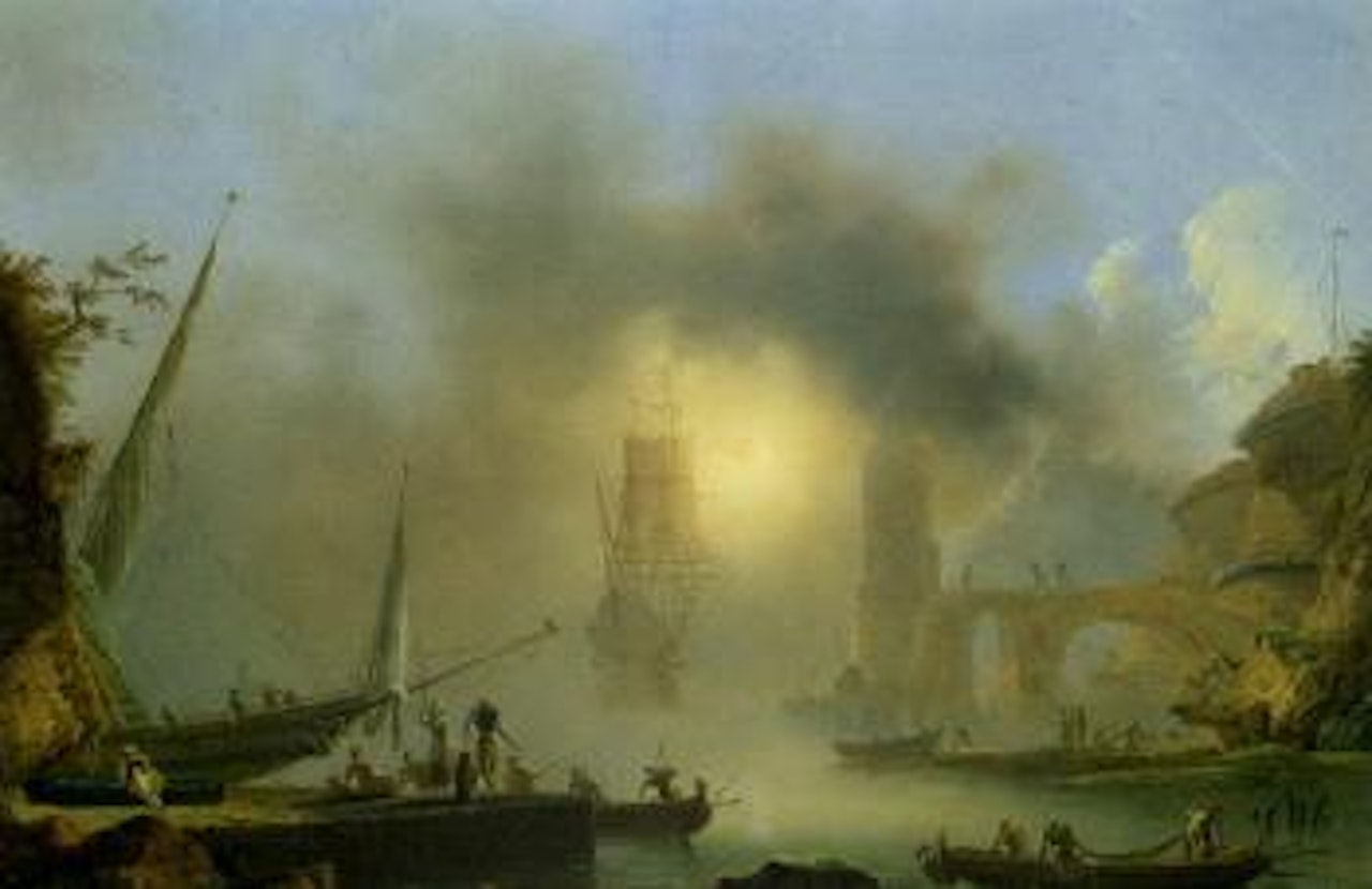 Morning coastal landscape with three-master, fishing boats by Claude Joseph Vernet