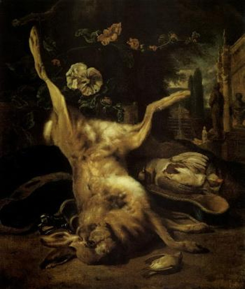 Still life, dead hare and birds in palace garden setting by Jan Weenix