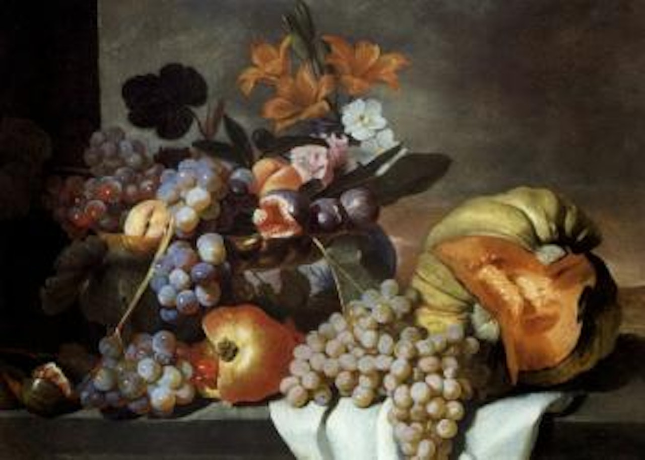 Still life with grapes, melon, fruit and flowers by Michele Pace del Campidoglio