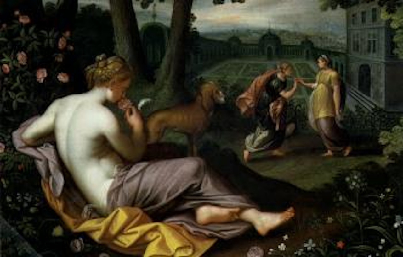 Three women in palace garden, allegory of spring and smell by Jan Brueghel the Younger