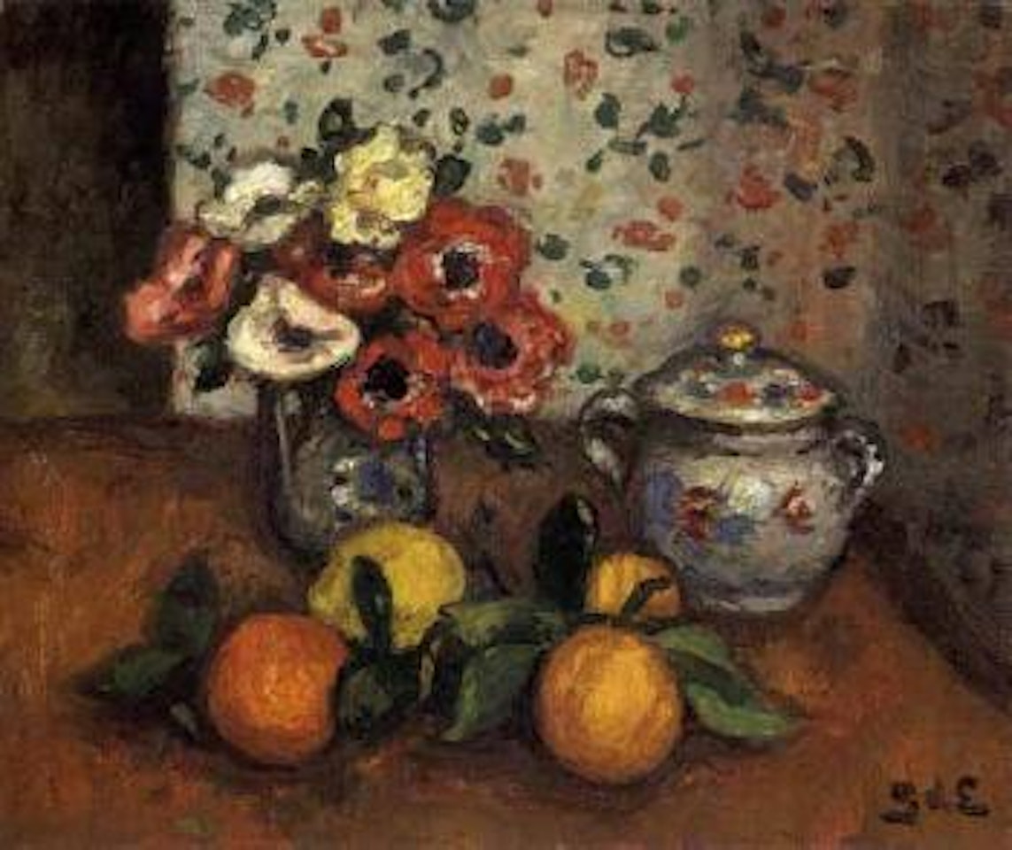Pommes, assiette et vase de fleurs by Georges d’Espagnat