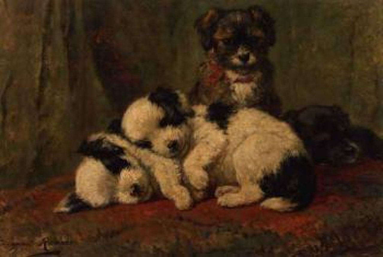 Watchful one - two puppies sleeping, one sitting with red ribbon by Henriette Ronner-Knip