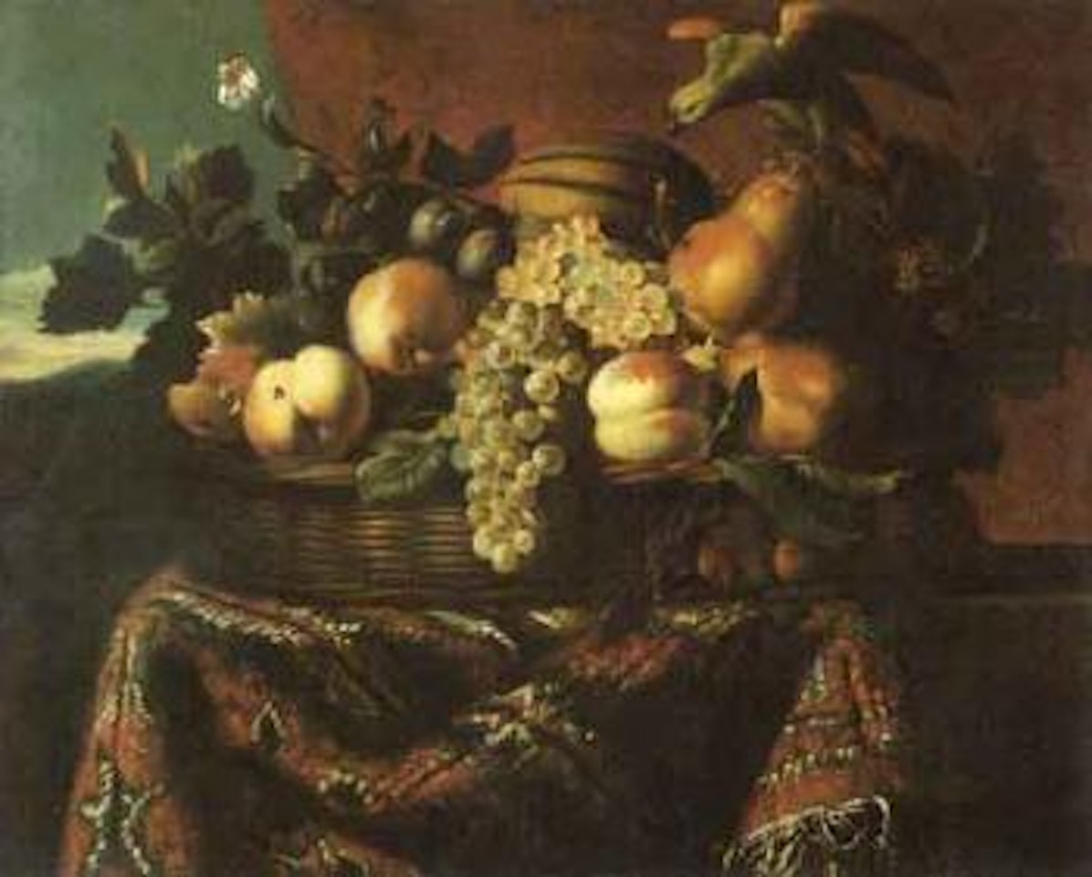 Still life with fruits in wicker basket and parrot by German School