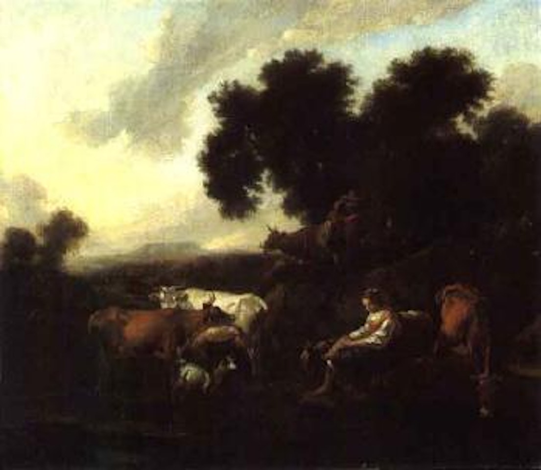 Shepherds with herd at pond by Nicolaes Pietersz Berchem