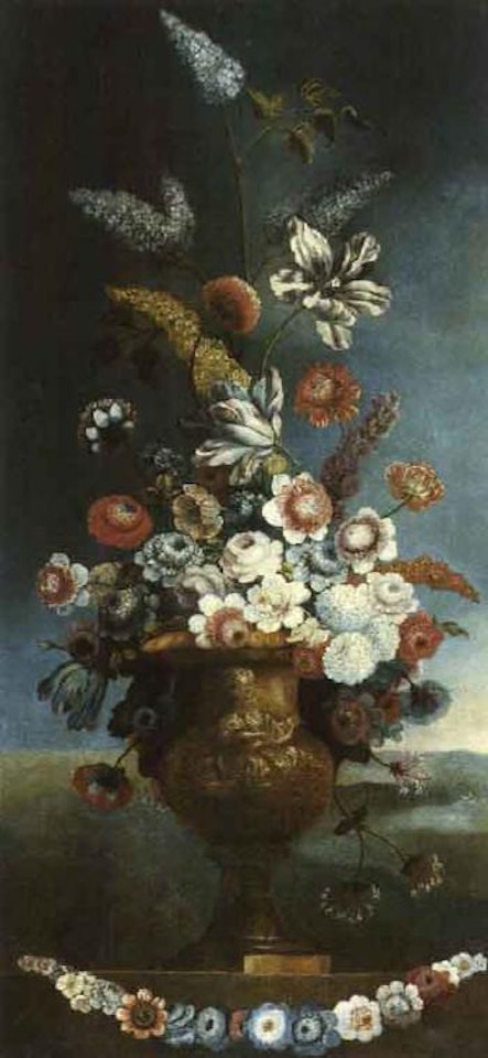 Still life of flowers in sculptured terracotta vase by Italian School