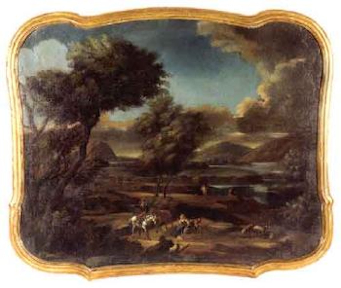 Wide landscape with figures in foreground by Italian School