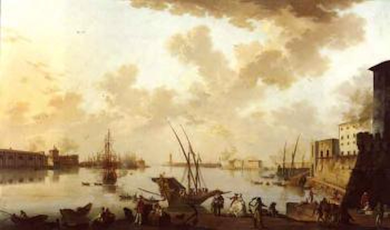 View of harbour from Civita Vecchia, numerous figures on shore and in boats by Claude Joseph Vernet