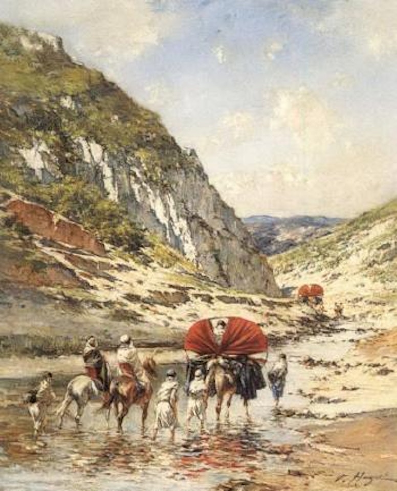 Travellers on horseback by Victor Pierre Huguet