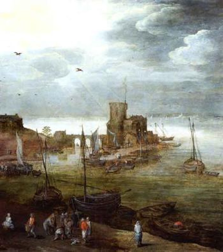 Fishermen, harbour and lighthouse beyond by Jan Brueghel by Joos de Momper the Younger