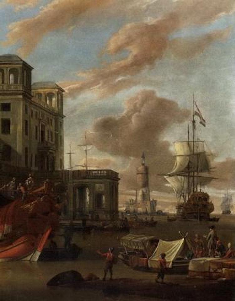 Mediterranean port, traders by quay, princely galley by Abraham Storck